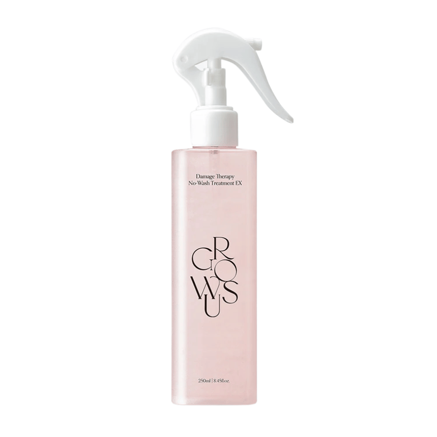 Image produit détourée de GROWUS Damage Therapy No-Wash Treatment EX dans un flacon spray rose avec une formule sans rinçage pour l’hydratation et le soin des cheveux abîmés.