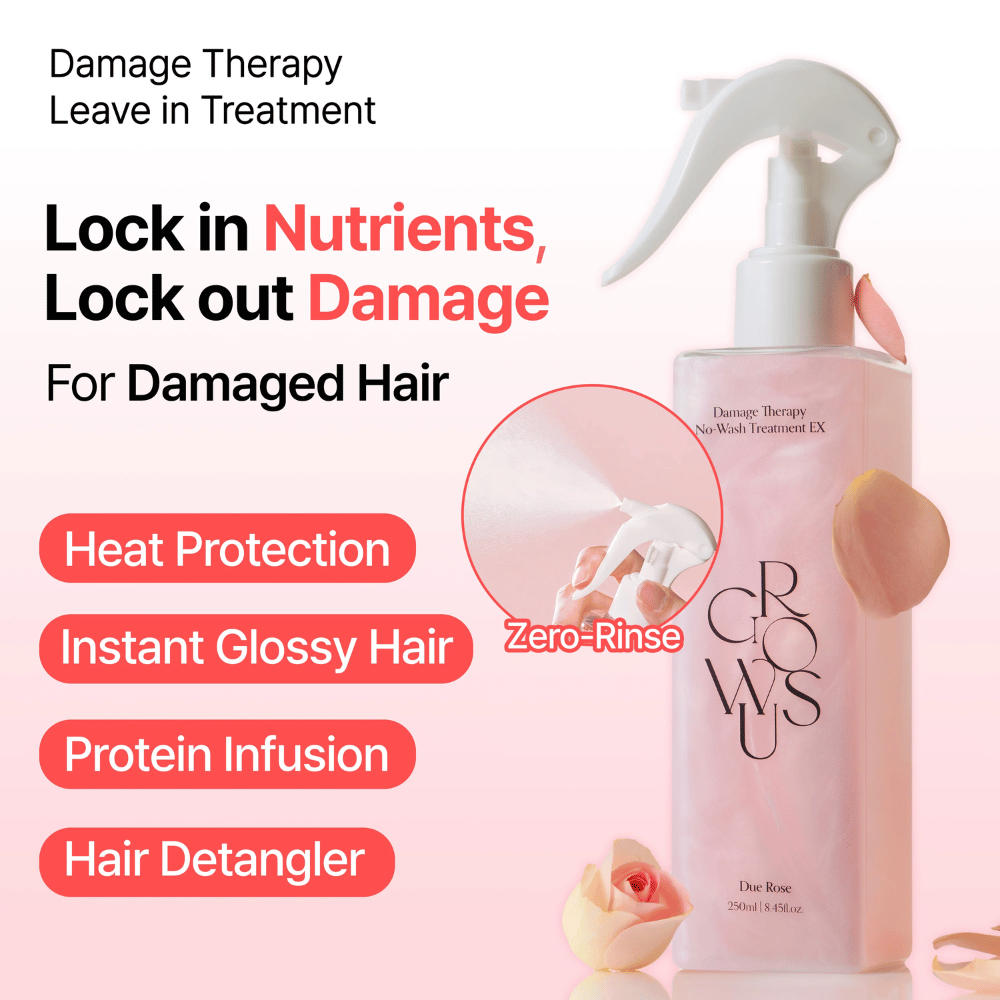 Image de campagne pour GROWUS Damage Therapy No-Wash Treatment EX mettant l’accent sur la protection thermique, la brillance, le soin protéiné et l’effet démêlant pour les cheveux abîmés et secs.
