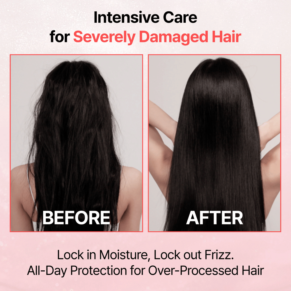 Image avant/après montrant le résultat de GROWUS Damage Therapy No-Wash Treatment EX avec des cheveux plus lisses, plus brillants et moins frisottés après utilisation.