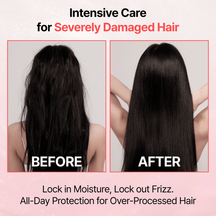 Image avant/après montrant le résultat de GROWUS Damage Therapy No-Wash Treatment EX avec des cheveux plus lisses, plus brillants et moins frisottés après utilisation.