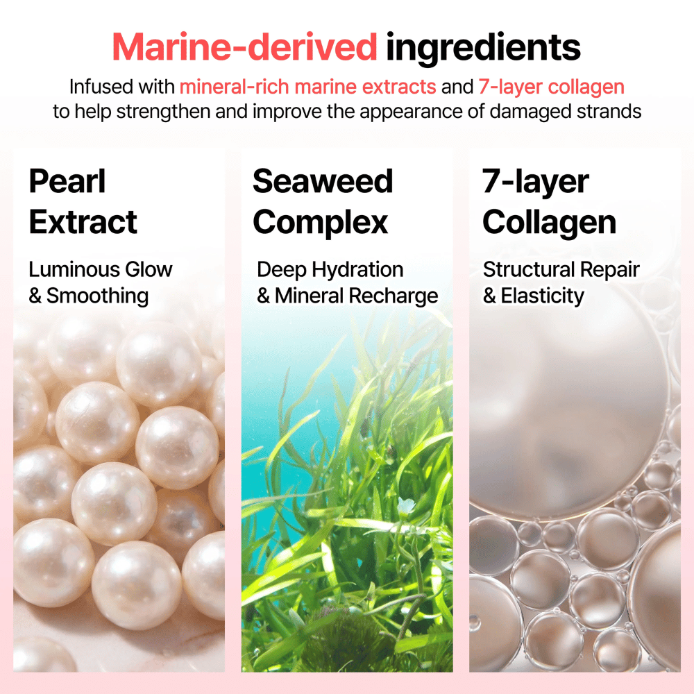 Image d’information sur les ingrédients marins dans GROWUS Damage Therapy No-Wash Treatment EX avec extrait de perle, complexe d’algues marines et collagène à 7 couches pour la brillance et l’hydratation.