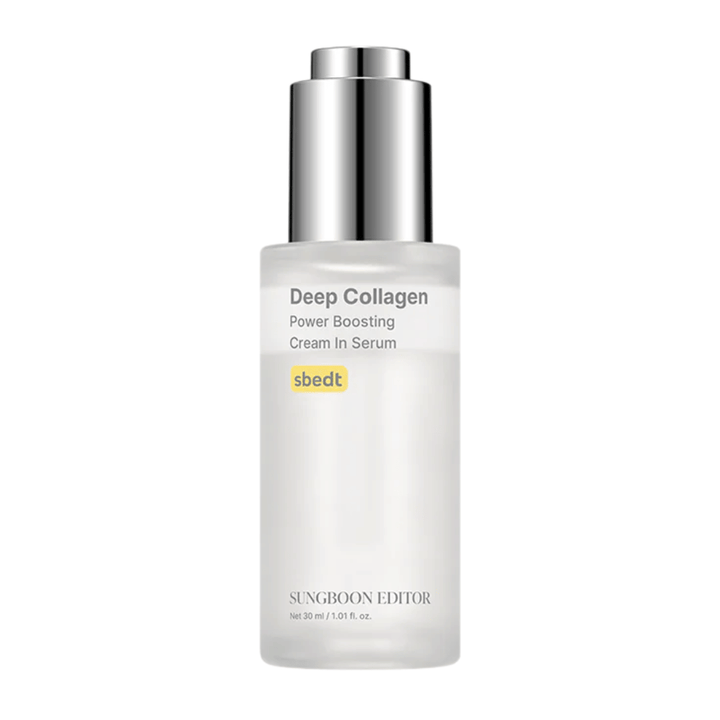 Deep Collagen Power Boosting Cream in Serum dans une bouteille élégante et transparente avec un bouchon argenté. Un produit riche en collagène qui donne une peau plus pulpeuse.
