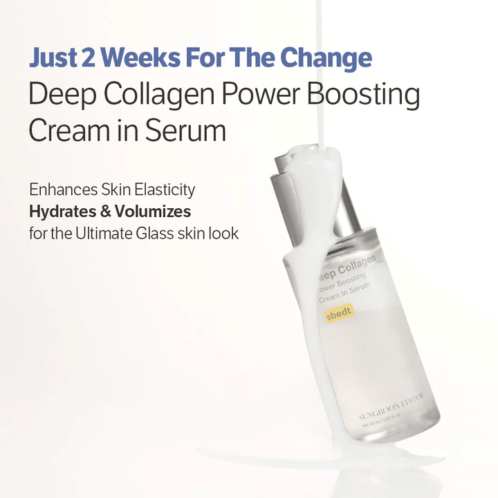 Sungboon Editor Deep Collagen Power Boosting Cream in Serum recouvert de crème coulante. Produit qui hydrate, renforce l'élasticité et donne une peau vitreuse.