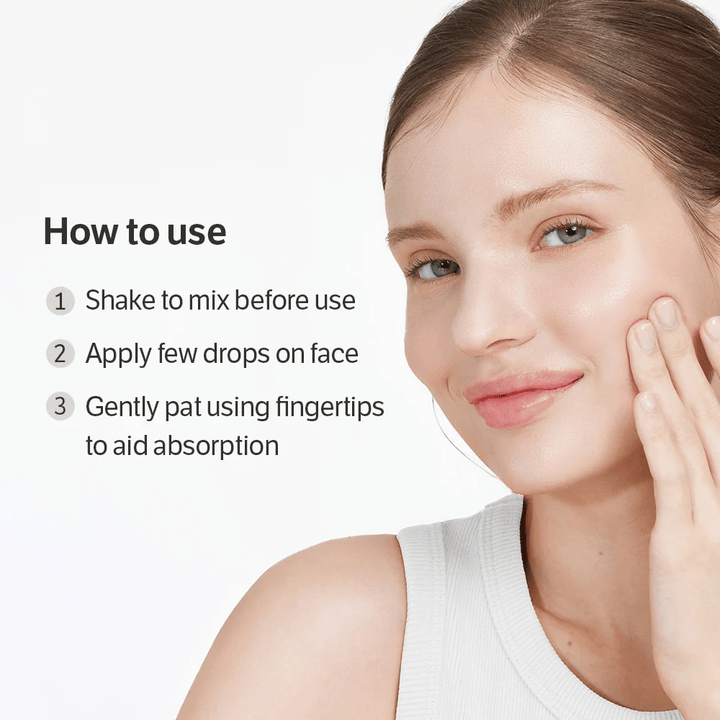 Image d'instructions montrant comment utiliser le sérum - secouer, appliquer quelques gouttes et tapoter. Une personne avec une peau éclatante démontre l'utilisation.