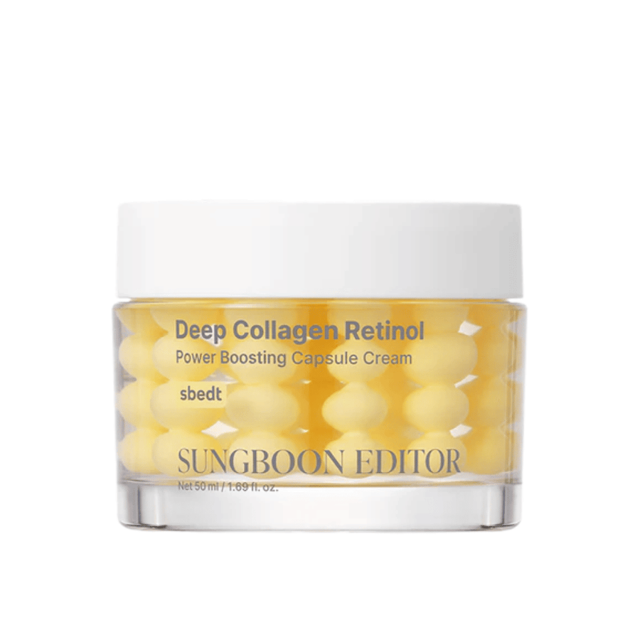 Sungboon Editor Deep Collagen Retinol Capsule Cream dans un bocal en verre avec des capsules jaunes. Une crème anti-âge puissante avec du rétinol et du collagène.