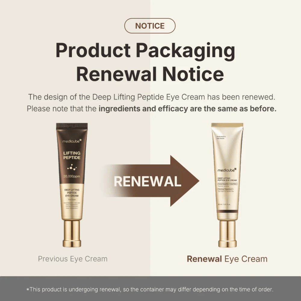 Medicube Deep Lifting Peptide Eye Cream – nouvel emballage, même formule de peptides efficace qui soulève et raffermit la peau autour des yeux.