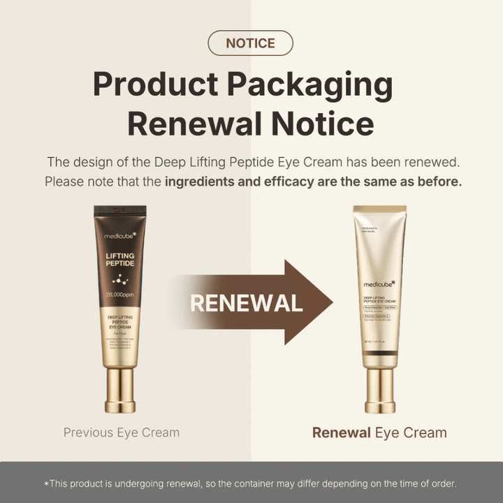 Medicube Deep Lifting Peptide Eye Cream – nouvel emballage, même formule de peptides efficace qui soulève et raffermit la peau autour des yeux.