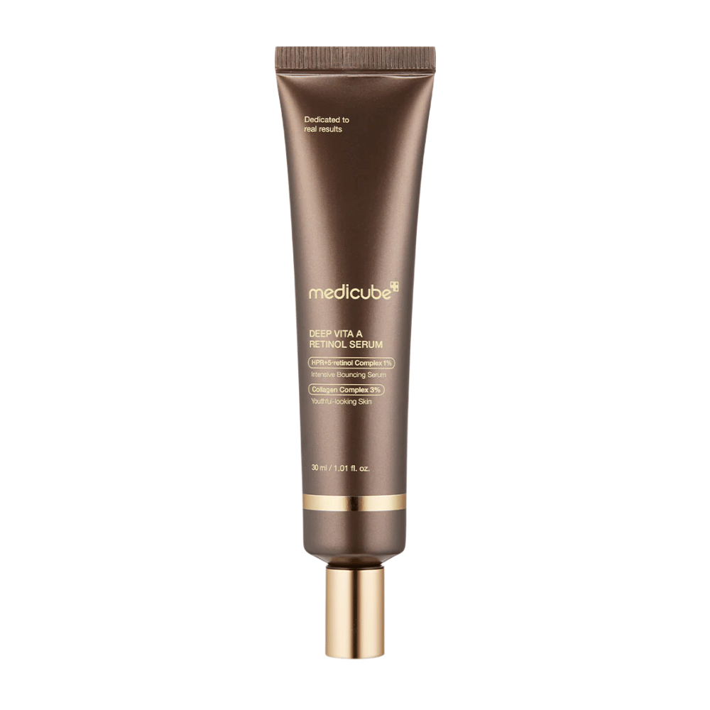 Medicube Deep Vita A Retinol Serum dans un tube brun avec des détails dorés, un produit anti-âge qui combine le rétinol et le collagène pour une peau plus ferme.