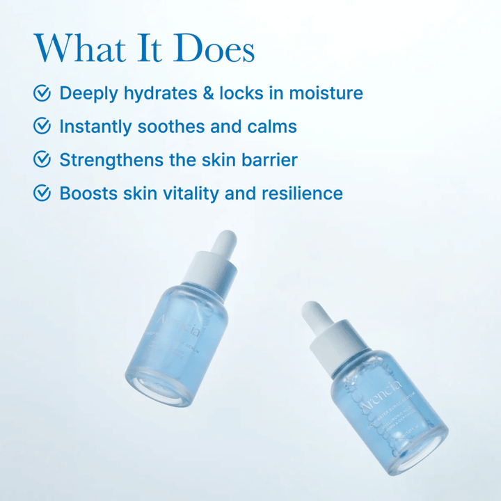 Deux flacons Arencia Deep Water Surge Serum qui mettent en valeur la texture légère et à base d'eau du sérum pour une hydratation intense et une peau équilibrée.