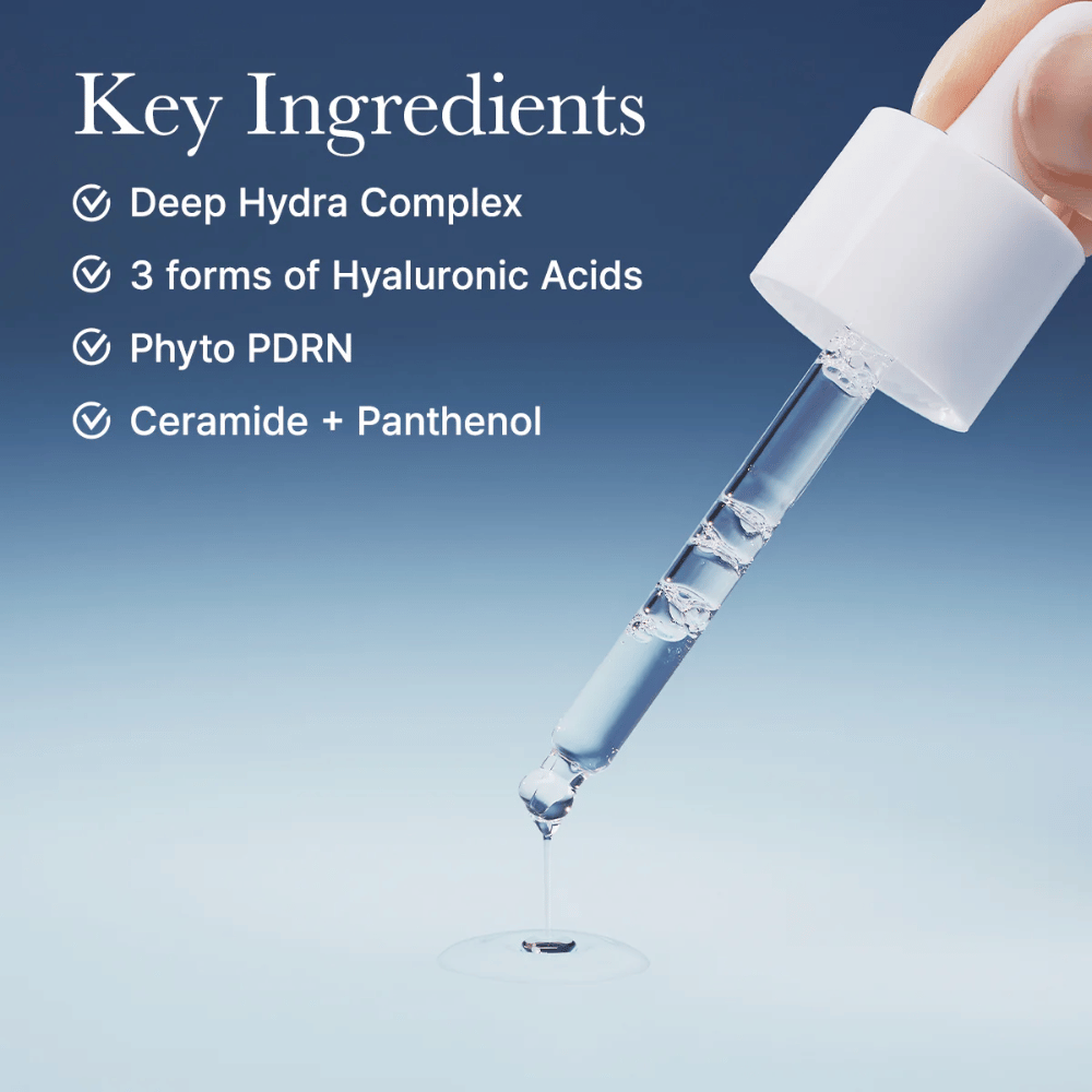 Pipette avec sérum montrant la consistance légère et les ingrédients actifs du Deep Water Surge Serum Arencia tels que l'acide hyaluronique, phyto PDRN, céramides et panthénol.