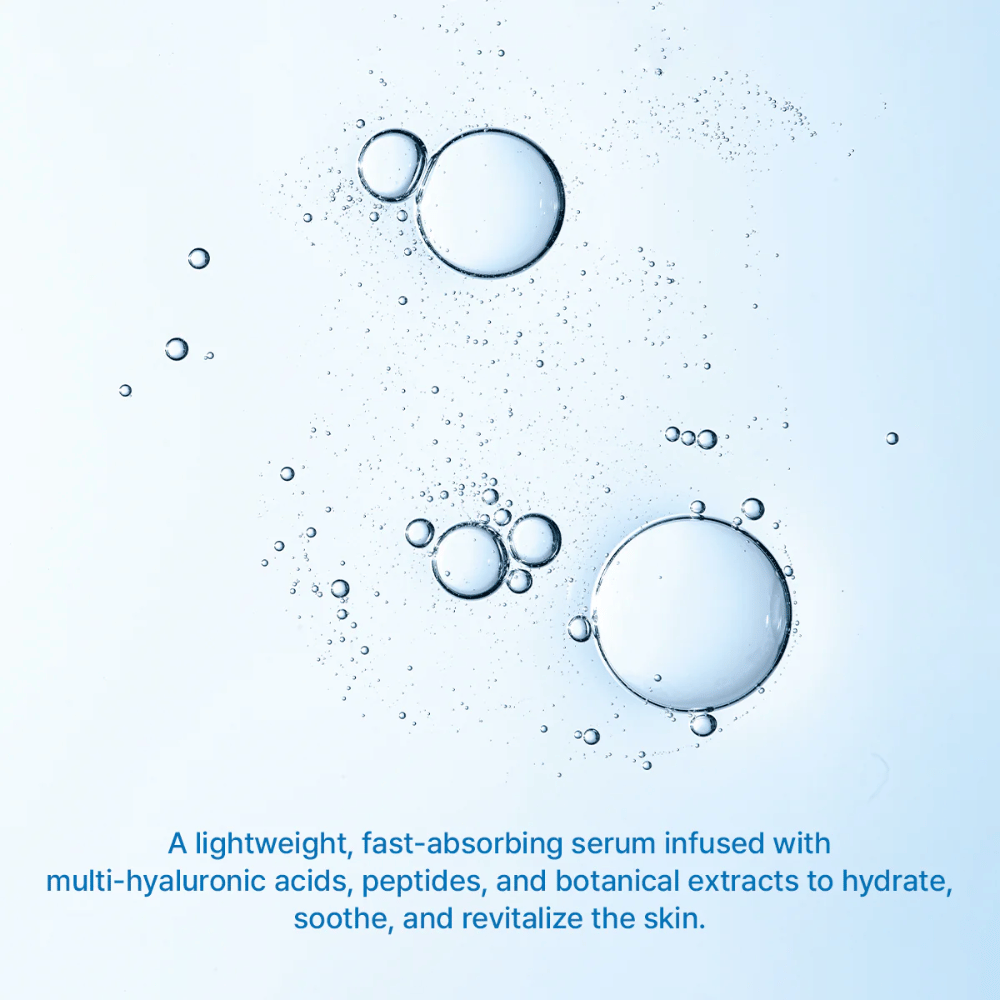 Illustration de bulles d'eau symbolisant une hydratation intense de Arencia Deep Water Surge Serum avec multi-acide hyaluronique et formule à absorption rapide.