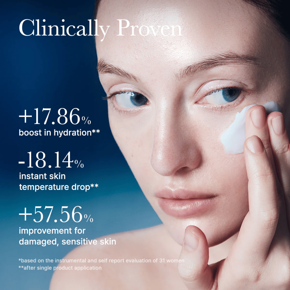 Testé cliniquement Arencia Deep Water Surge Soothing Cream qui améliore l'hydratation de la peau, réduit la température de la peau et renforce la peau sensible après application.