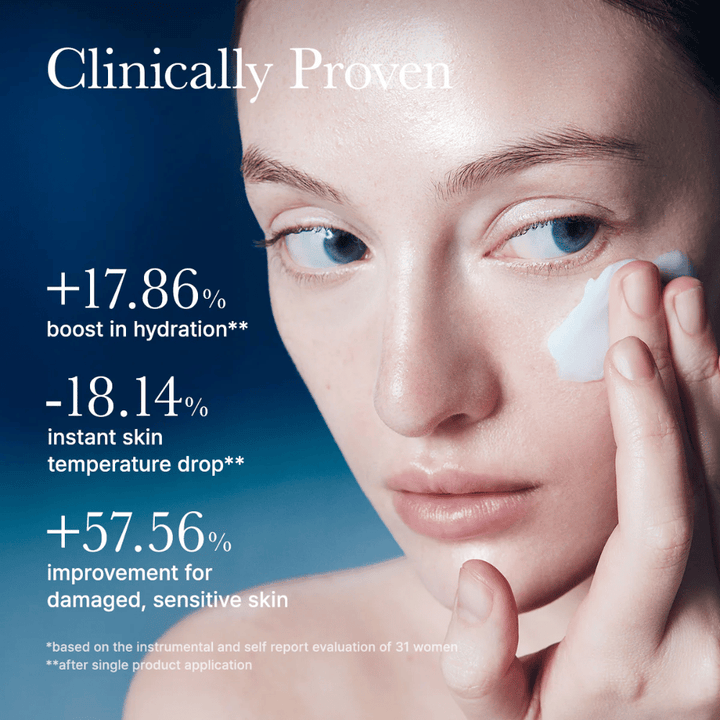 Testé cliniquement Arencia Deep Water Surge Soothing Cream qui améliore l'hydratation de la peau, réduit la température de la peau et renforce la peau sensible après application.