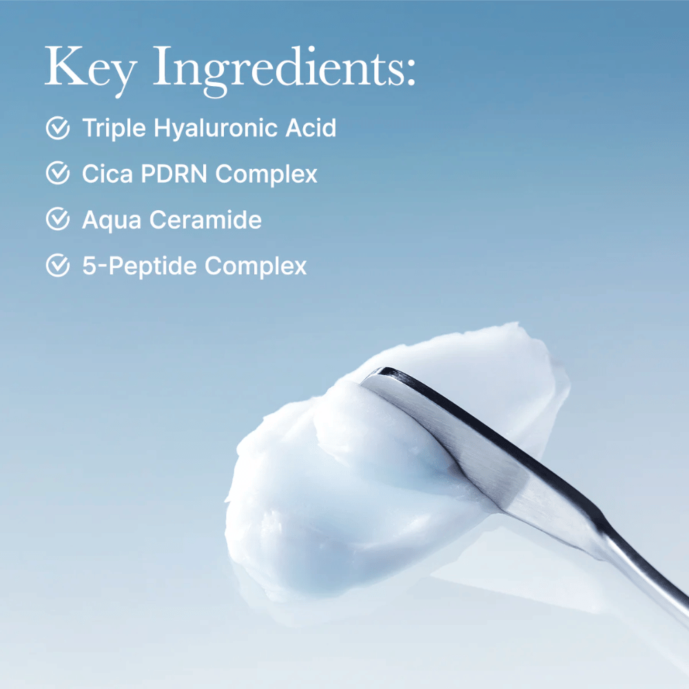 Ingrédients clés dans Arencia Deep Water Surge Soothing Cream avec triple acide hyaluronique, Cica PDRN, aqua céramide et complexe 5-peptides pour une hydratation intense et un soutien de la barrière cutanée.
