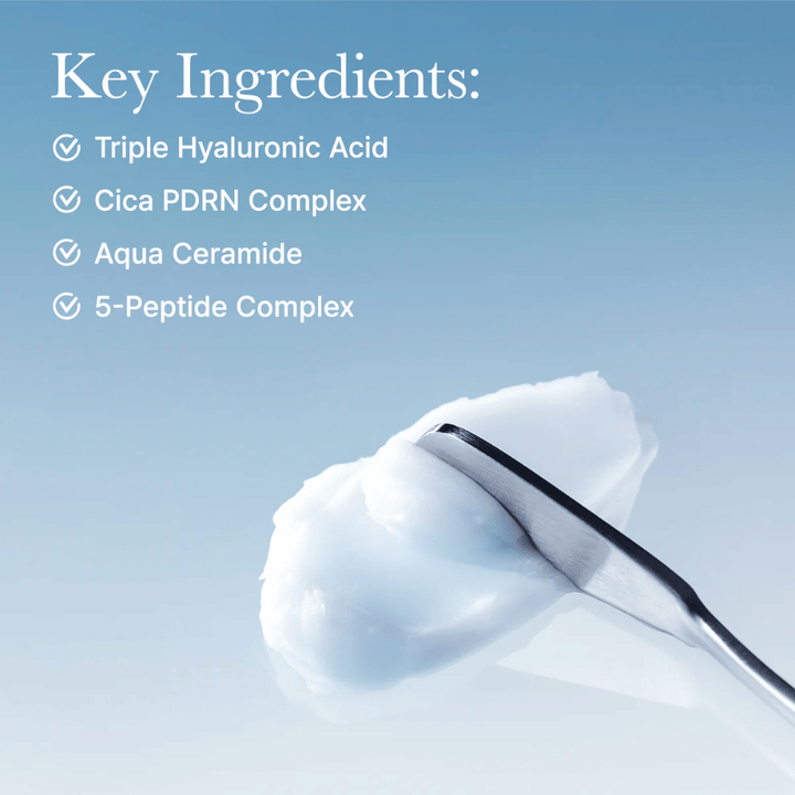 Ingrédients clés dans Arencia Deep Water Surge Soothing Cream avec triple acide hyaluronique, Cica PDRN, aqua céramide et complexe 5-peptides pour une hydratation intense et un soutien de la barrière cutanée.