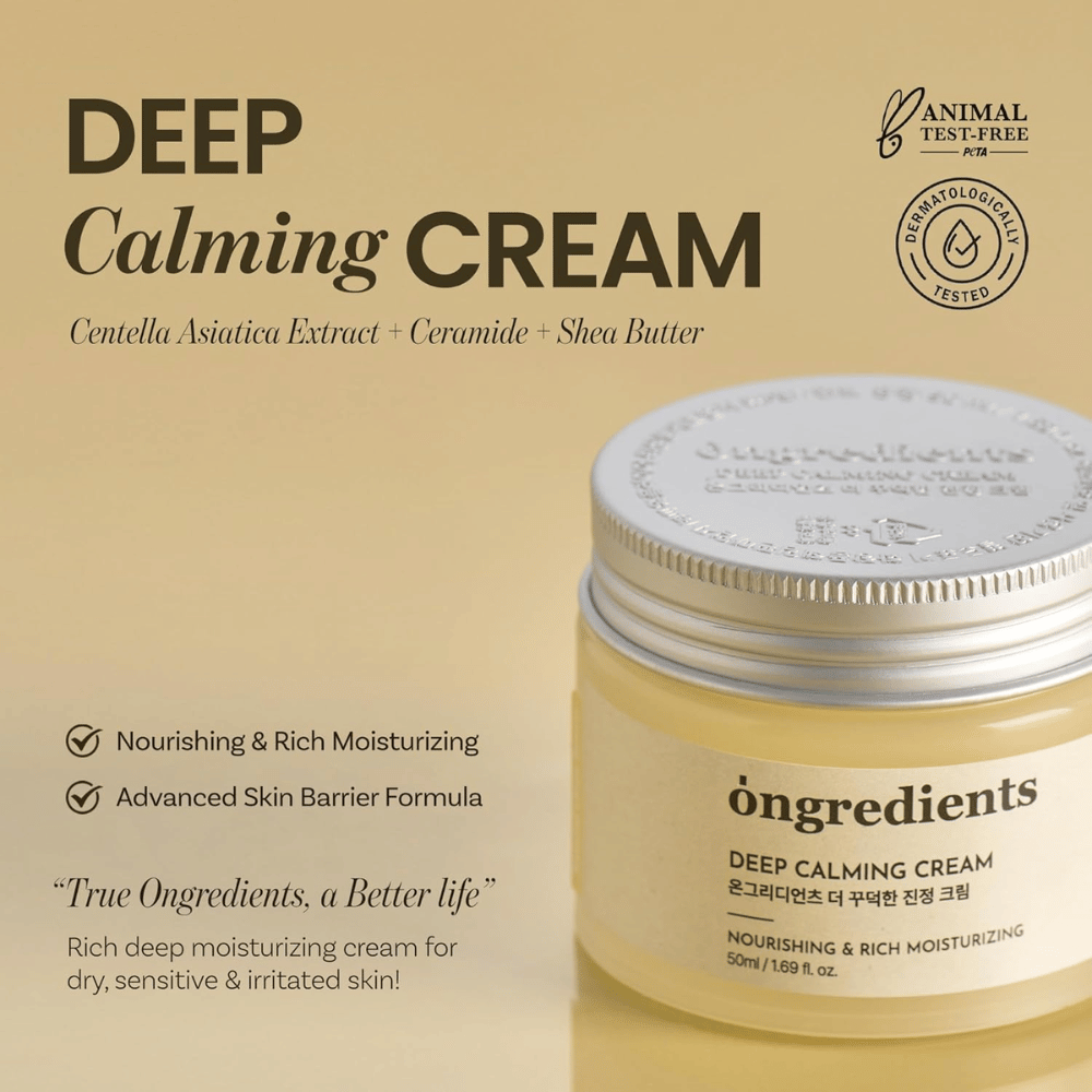 Ongredients Deep Calming Cream – testé dermatologiquement, cruelty-free crème pour le visage pour peau sèche, sensible et irritée.