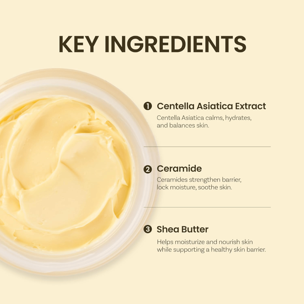 Ingrédients clés dans Ongredients Deep Calming Cream: Centella Asiatica, céramides et beurre de karité qui hydratent et équilibrent la peau.