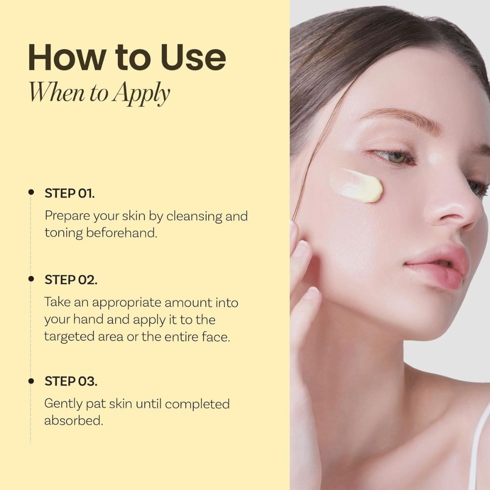 Instructions pour Ongredients Deep Calming Cream – appliquer après le nettoyage et le toner, tapoter doucement la crème jusqu'à absorption.