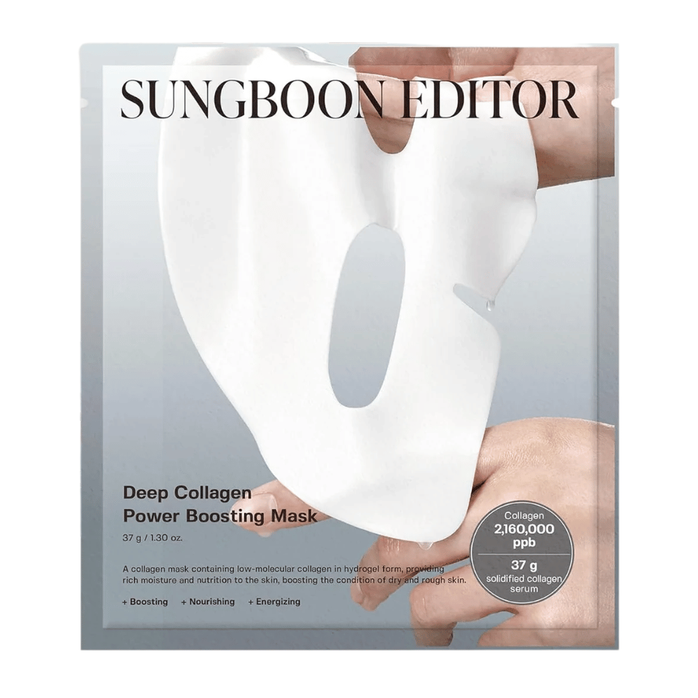 Sungboon Editor Deep Collagen Power Boosting Mask 37 g, un Masque tissu de collagène dans un emballage argenté qui hydrate, renforce et nourrit la peau.