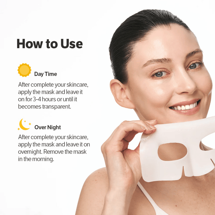 Femme tenant Sungboon Editor Deep Collagen Power Boosting Mask avec des instructions pour une utilisation de jour et de nuit.