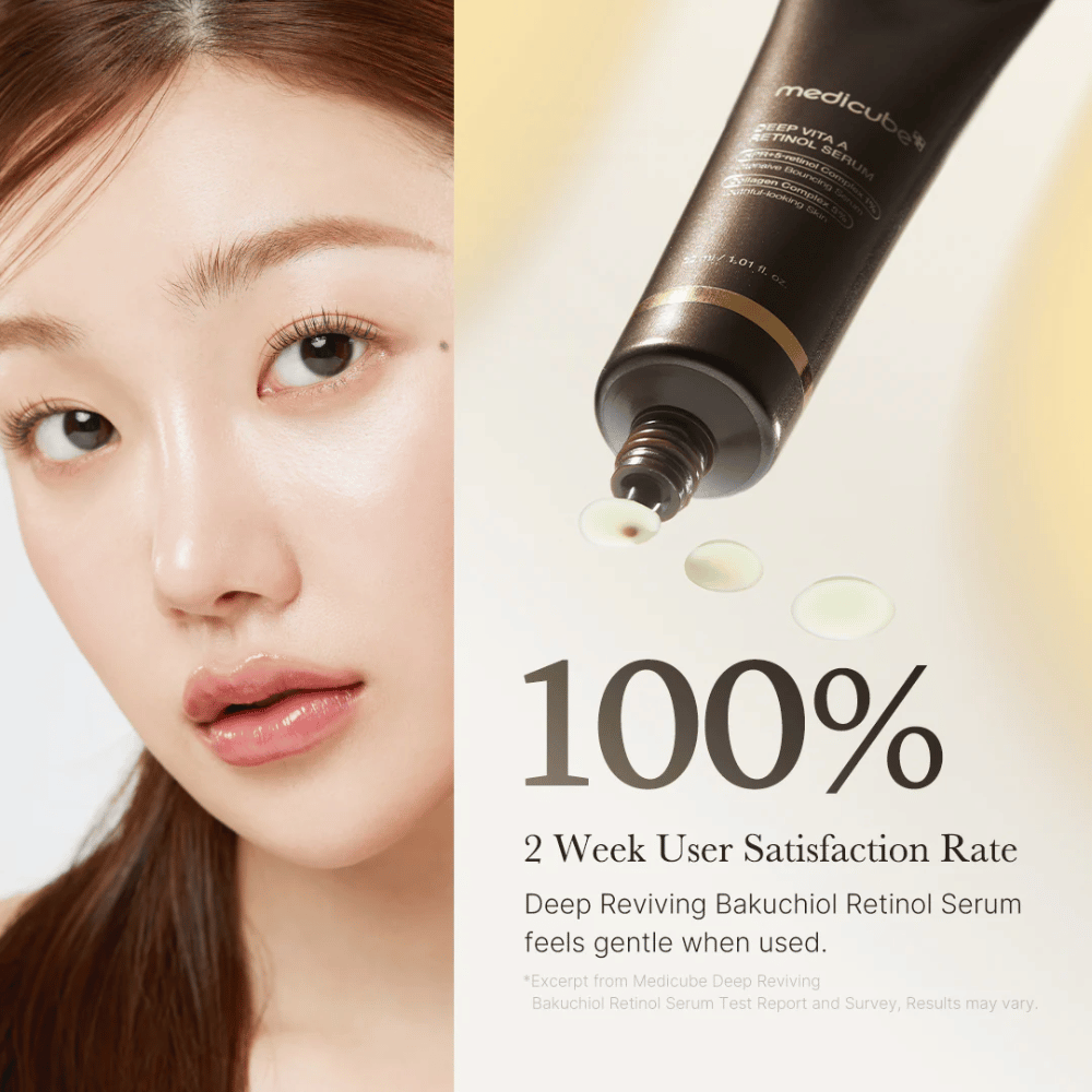 Image publicitaire pour Medicube Deep Vita A Retinol Serum avec un gros plan sur une femme, le tube de produit et un texte montrant 100% de satisfaction des utilisateurs après deux semaines.