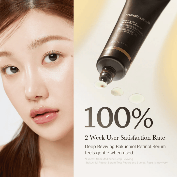 Image publicitaire pour Medicube Deep Vita A Retinol Serum avec un gros plan sur une femme, le tube de produit et un texte montrant 100% de satisfaction des utilisateurs après deux semaines.