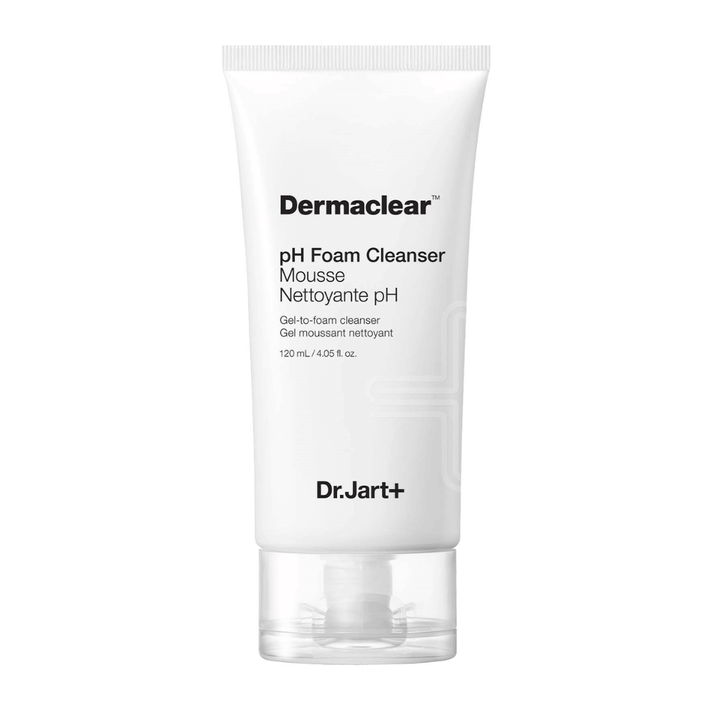 Tube blanc de Dr.Jart+ Dermaclear pH Foam Cleanser avec texte noir, debout sur fond blanc.