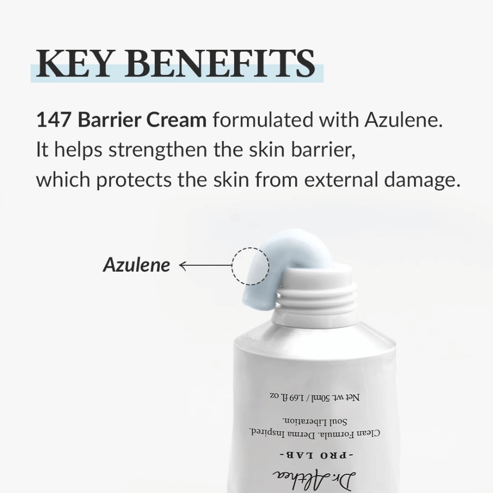 Dr. Althea 147 Barrier Cream avec Azulène, une crème hydratante qui renforce la barrière cutanée et protège la peau contre les dommages extérieurs.