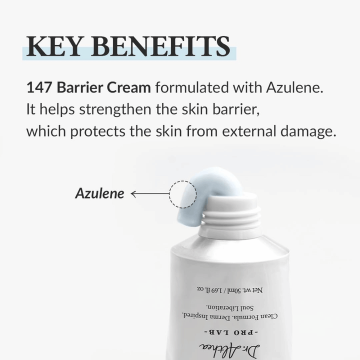 Dr. Althea 147 Barrier Cream avec Azulène, une crème hydratante qui renforce la barrière cutanée et protège la peau contre les dommages extérieurs.