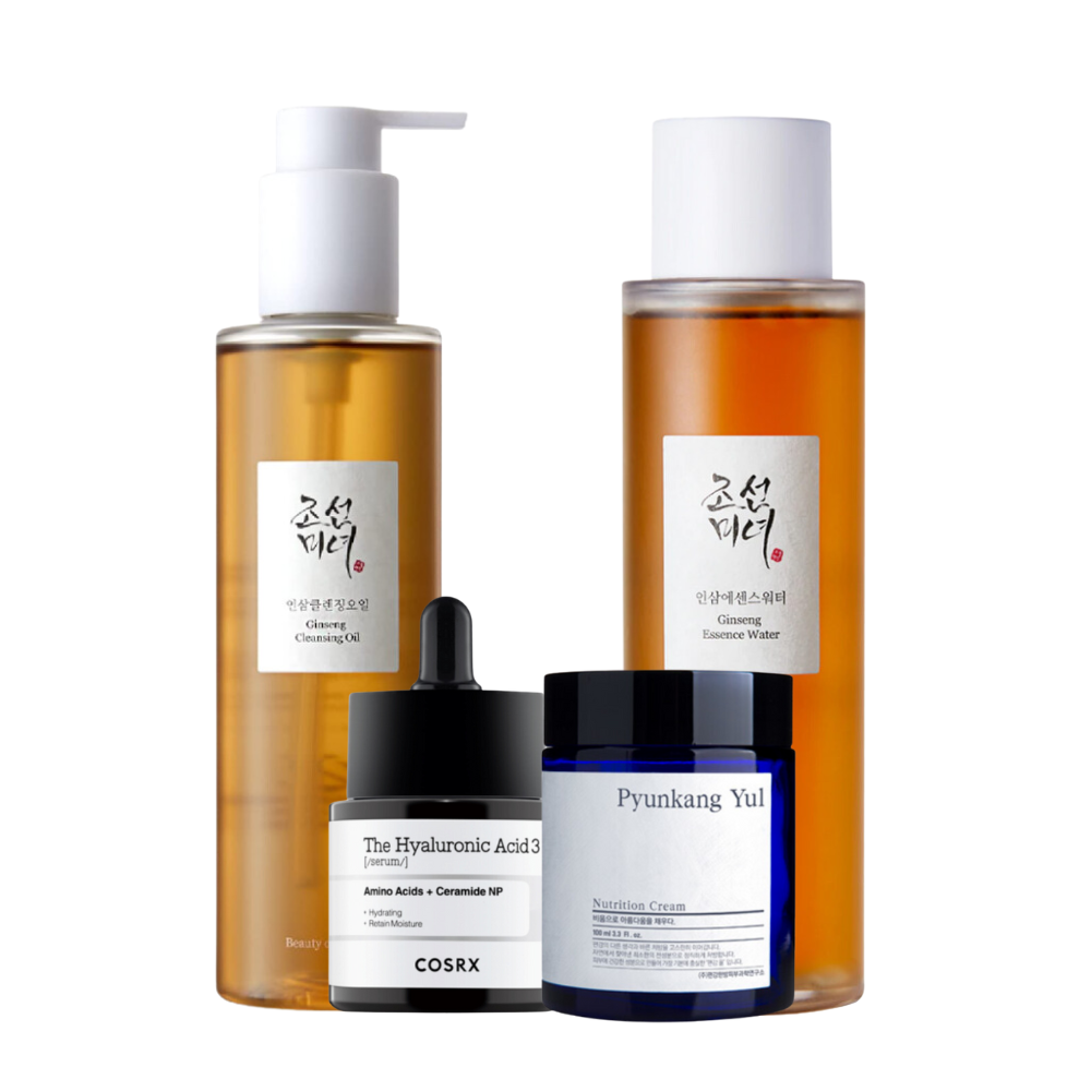 Produits de beauté comprenant de l'huile nettoyante au ginseng, de l'eau d'essence de ginseng, COSRX sérum à l'acide hyaluronique et Pyunkang Yul crème nourrissante.