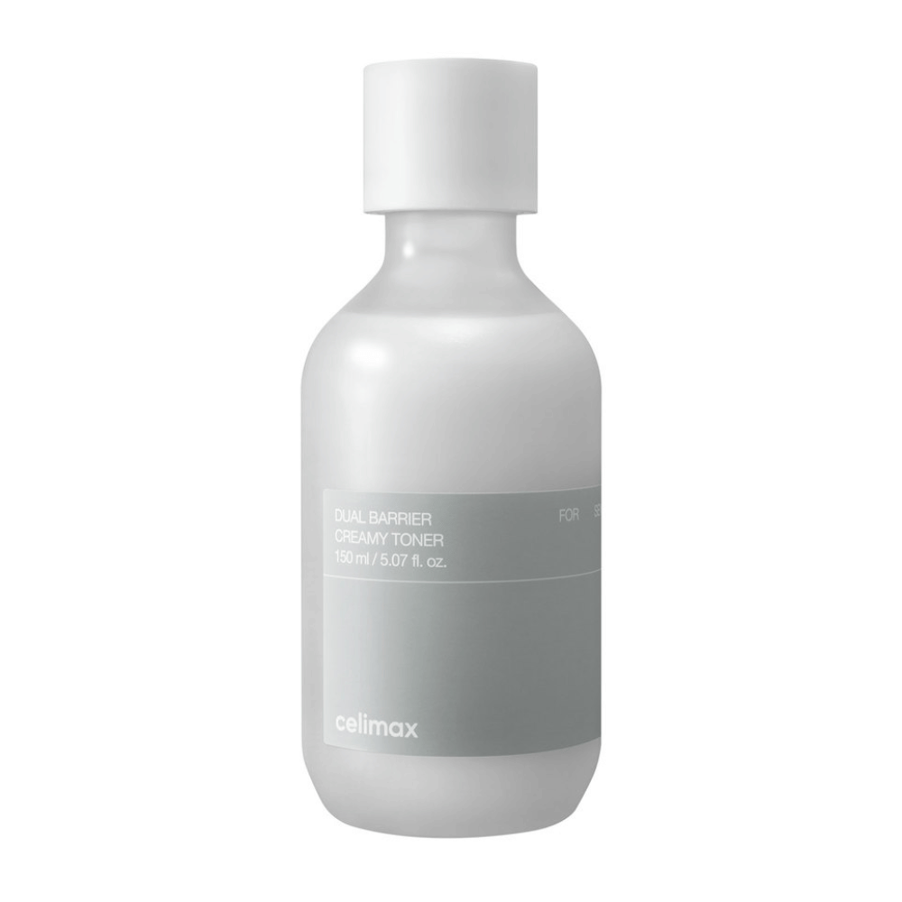 Bouteille blanche avec étiquette grise pour Celimax Dual Barrier Creamy Toner – un toner hydratant avec une formule douce, spécialement conçu pour les peaux sensibles et sèches.