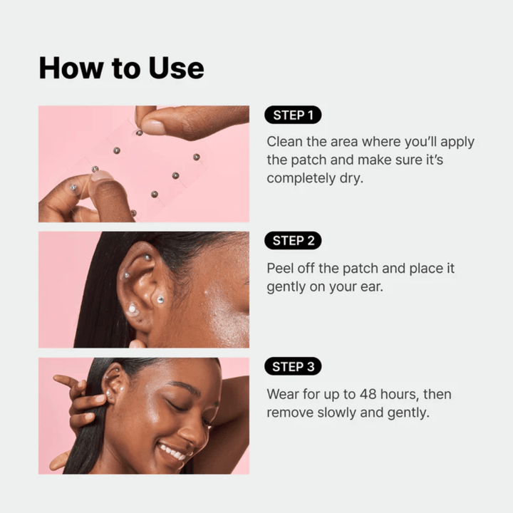 Guide étape par étape montrant comment RETURNITY Ear Therapy Acupressure Patch est appliqué sur l’oreille. Les patchs sont placés sur des points sélectionnés et peuvent être portés jusqu’à 48 heures.