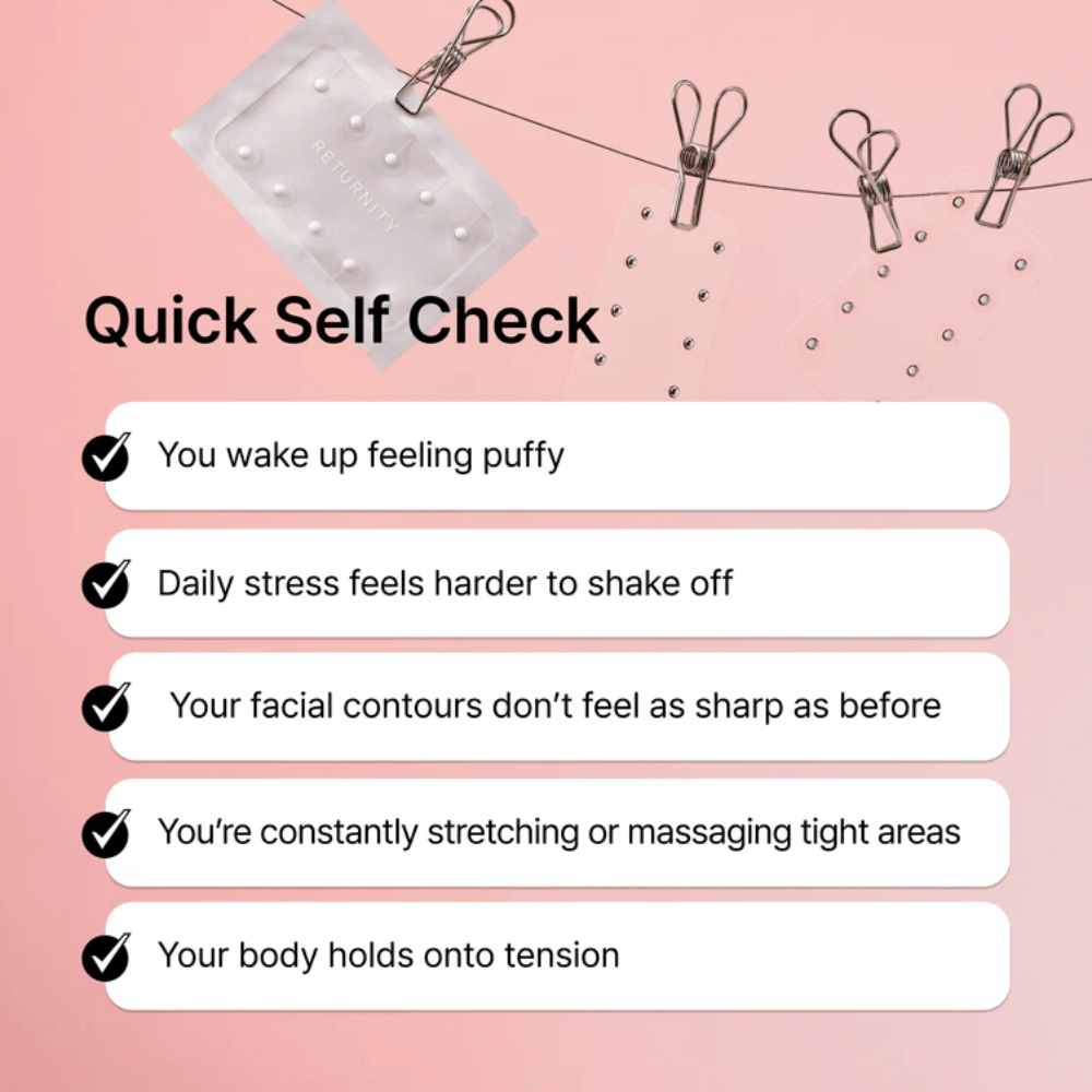 Illustration des signes courants de stress, de gonflement et de tensions. RETURNITY Ear Therapy Acupressure Patch est présenté comme faisant partie d’une routine quotidienne de bien-être pour la relaxation et l’équilibre.