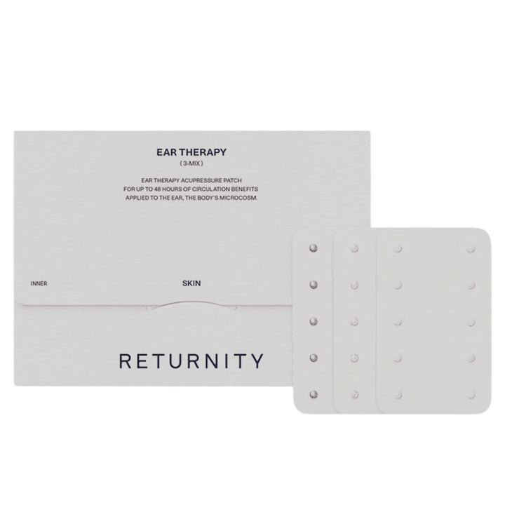 RETURNITY Ear Therapy Acupressure Patch 30pcs (3-Mix) avec emballage et trois types différents de patchs d’acupression. Le kit contient plusieurs variantes pour une acupression auriculaire personnalisée et une utilisation quotidienne.