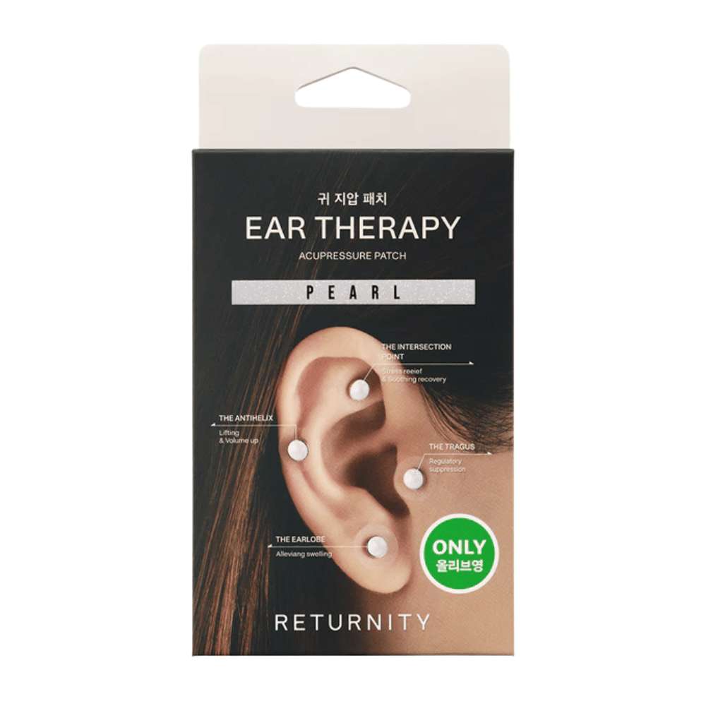 Emballage de RETURNITY Ear Therapy Acupressure Patch Pearl avec illustration de patchs auriculaires placés sur différents points de pression de l’oreille.