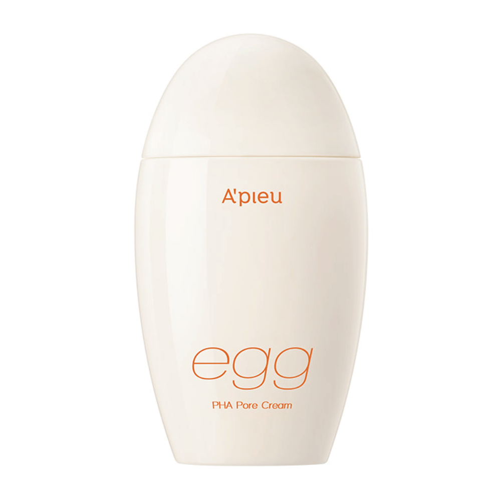 A'pieu Egg PHA Pore Cream dans un emballage beige en forme d'œuf avec du texte orange - une crème pour le visage coréenne pour réduire les pores et exfolier en douceur.