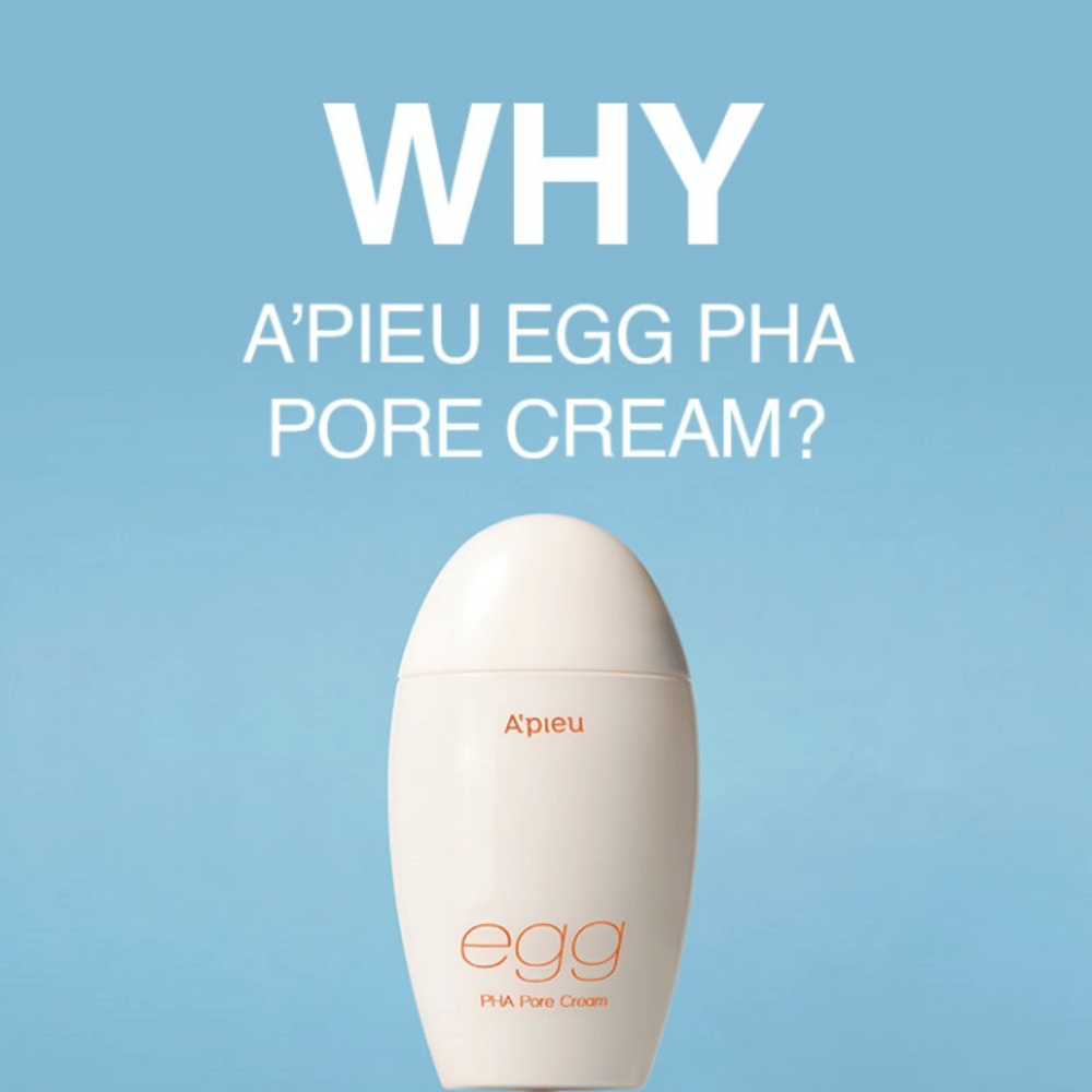 A'pieu Egg PHA Pore Cream dans un emballage en forme d'œuf sur fond bleu avec le texte "WHY A'PIEU EGG PHA PORE CREAM?", mettant en avant les avantages du produit.