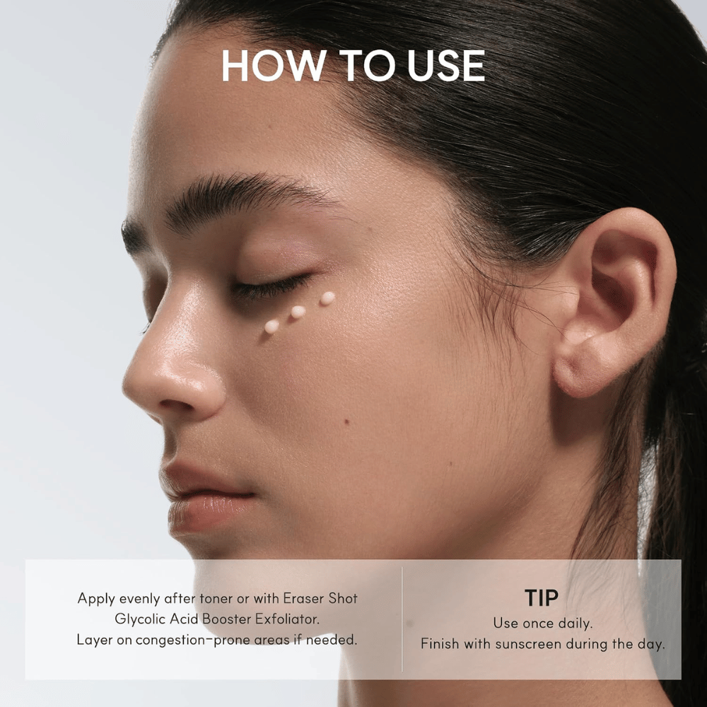 Arencia Eraser Shot Glycolic Acid Booster – application de crème visage exfoliant avec acide glycolique