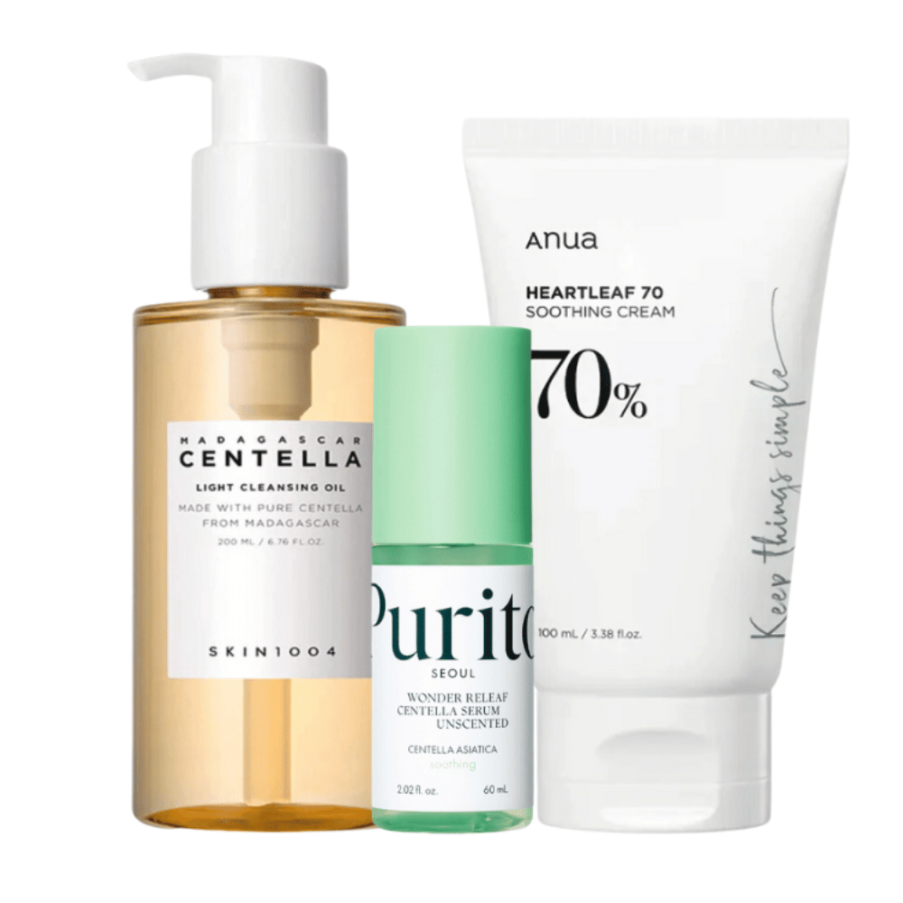 Ce Kit de soin de la peau contient trois étapes pour une peau éclatante : SKIN1004 Madagascar Centella Light Cleansing Oil pour un nettoyage doux, Purito Wonder Relief Centella Serum pour l'hydratation et Anua Heartleaf 70 Soothing Cream pour un soin apaisant. Parfait pour un usage quotidien.