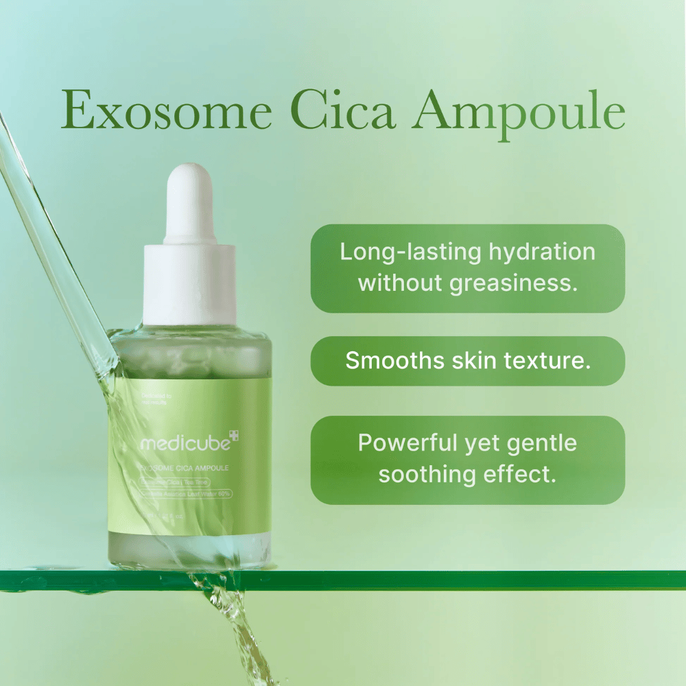 Medicube Exosome Cica Ampoule avec flux d'eau vert, mis en avant pour une hydratation longue durée, un teint uniforme et un effet apaisant puissant mais doux.