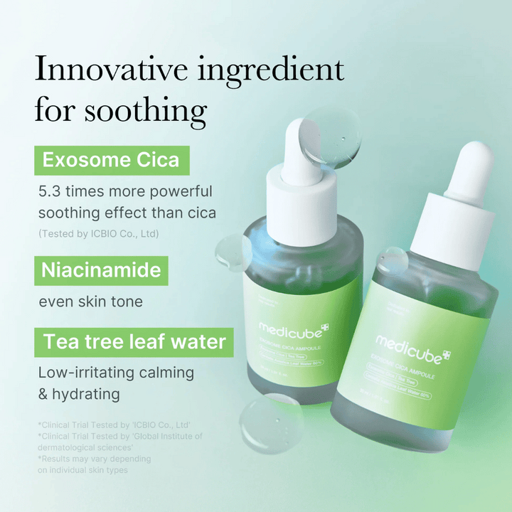 Deux flacons Medicube Exosome Cica Ampoule, formulés avec Exosome Cica, niacinamide et tea tree leaf water pour un effet apaisant.