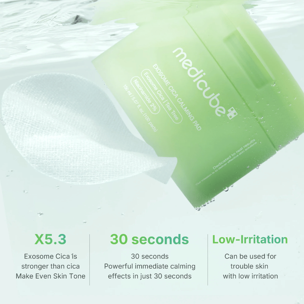 Medicube Exosome Cica Calming Pads sous l'eau, avec Avantages : 5,3x plus fort que le cica, effet en 30 secondes, faible irritation.