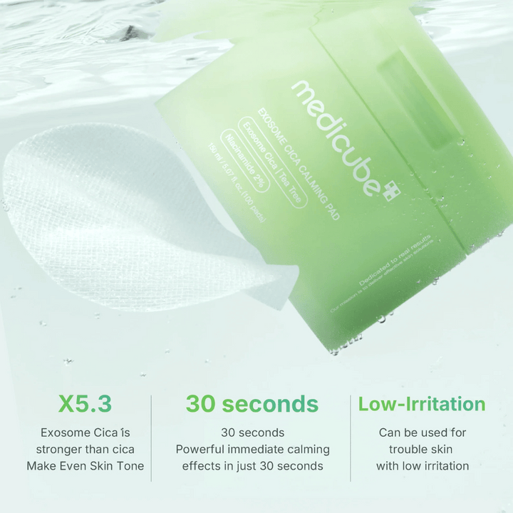 Medicube Exosome Cica Calming Pads sous l'eau, avec Avantages : 5,3x plus fort que le cica, effet en 30 secondes, faible irritation.