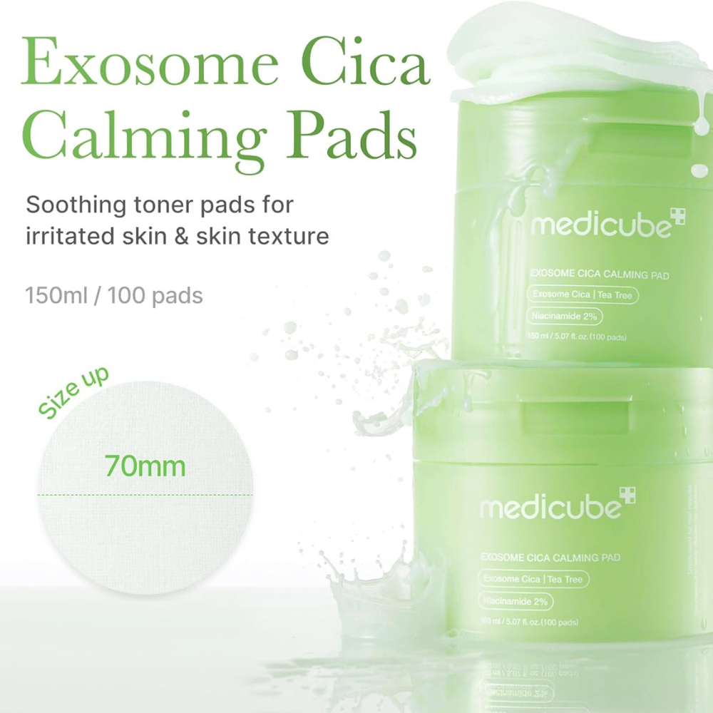 Medicube Exosome Cica Calming Pads dans un pot vert, tampons tonifiants apaisants avec niacinamide et tea tree pour peau irritée, 150 ml/100 tampons.