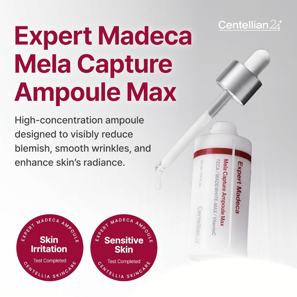 Centellian24 Expert Madeca Mela Capture Ampoule Max 30 ml – ampoule coréenne concentrée pour les taches pigmentaires, les ridules et un éclat amélioré.