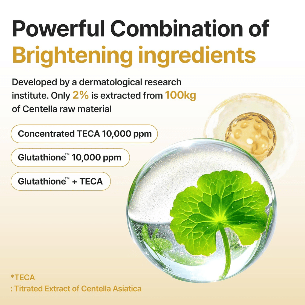 Centellian24 Expert Madeca Mela Capture Ampoule Max avec TECA 10 000 ppm et glutathion 10 000 ppm pour un teint plus uniforme et un éclat accru.