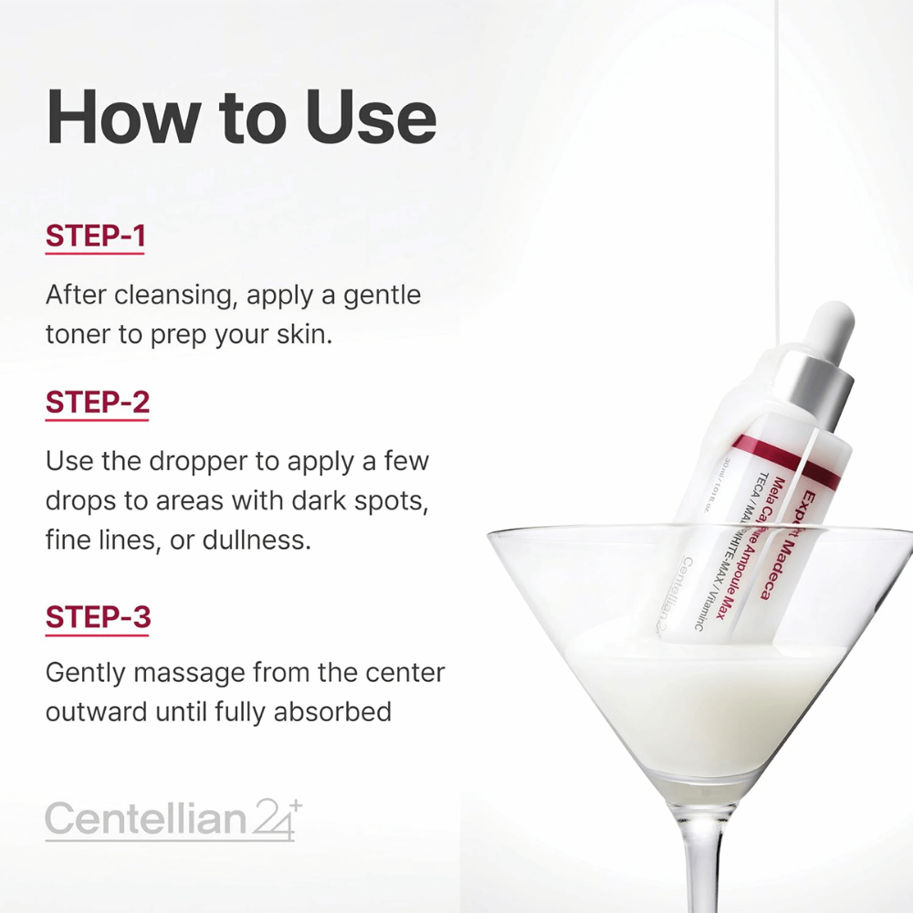 Centellian24 Expert Madeca Mela Capture Ampoule Max – appliquez quelques gouttes sur les zones présentant des taches pigmentaires, des ridules ou une peau terne, puis massez délicatement pour faire pénétrer.