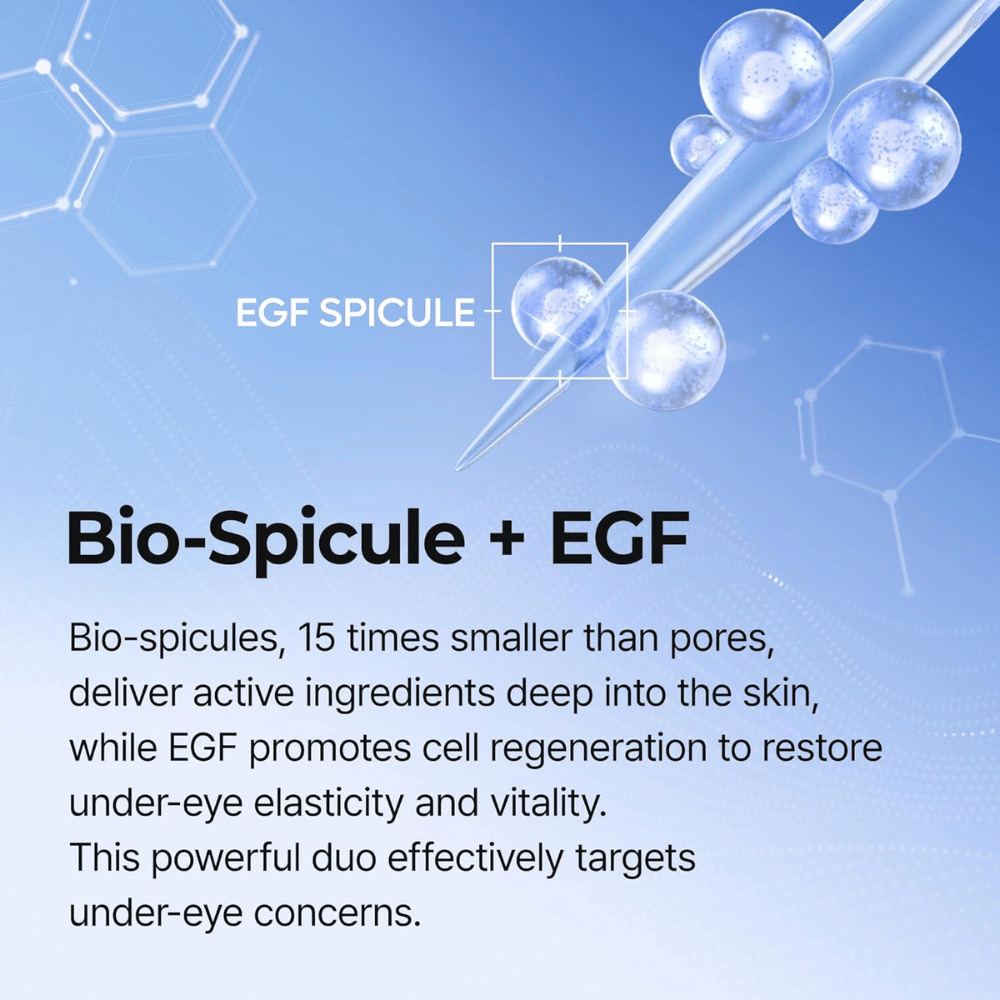 Eyephalt Eyebag Cream avec de l’EGF et une technologie spicule qui stimule le renouvellement cellulaire et réduit les cernes ainsi que le relâchement de la peau sous les yeux