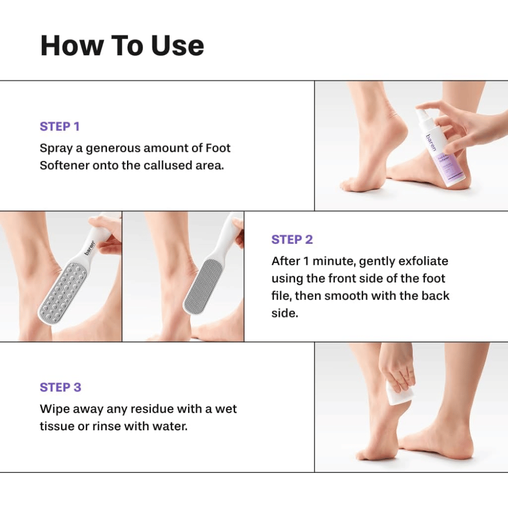 Comment utiliser BAREN Foot Callus Eraser Home Set – appliquez Foot Softener, limez les callosités et rincez les pieds