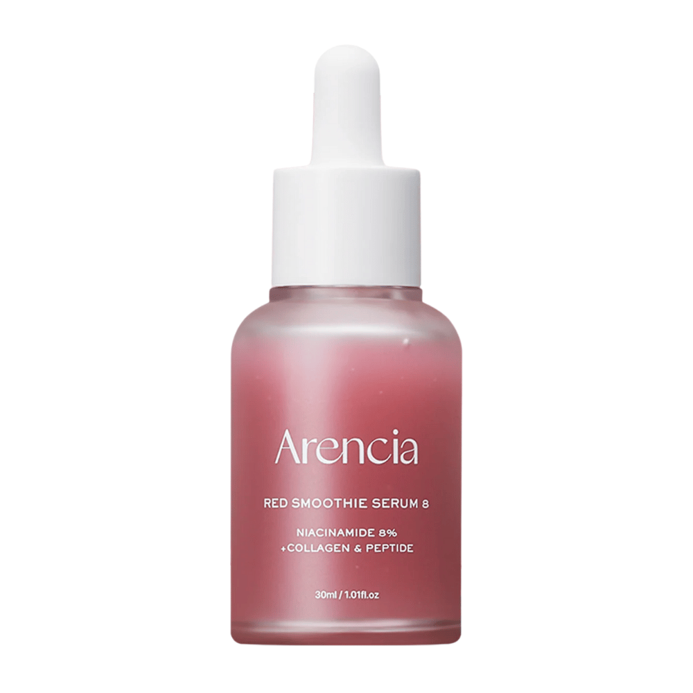 Arencia Red Smoothie Serum 8 en flacon en verre avec pipette, 30 ml. Un sérum rose avec niacinamide, collagène et peptides qui renforce la barrière cutanée et augmente la fermeté.
